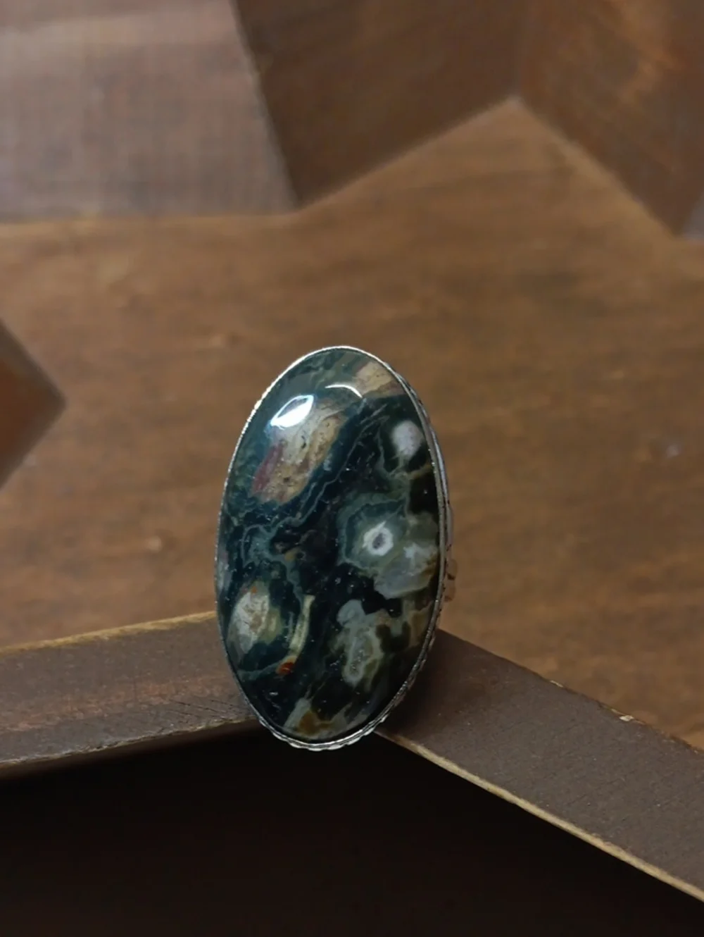 Oval Ocean Jasper Cocktail Ring in Dark Green and Cream